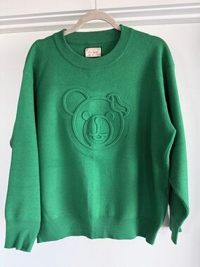Women's Green Embossed Bear Crewneck Sweater